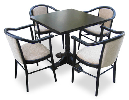 Square table and 4 upholstered carver chairs 